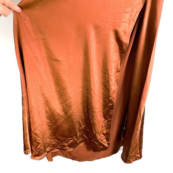LPA Aniston Dress Hazelnut Satin Brown Maxi Ruched Ring Side Slit Sz S - Picture 6 of 12